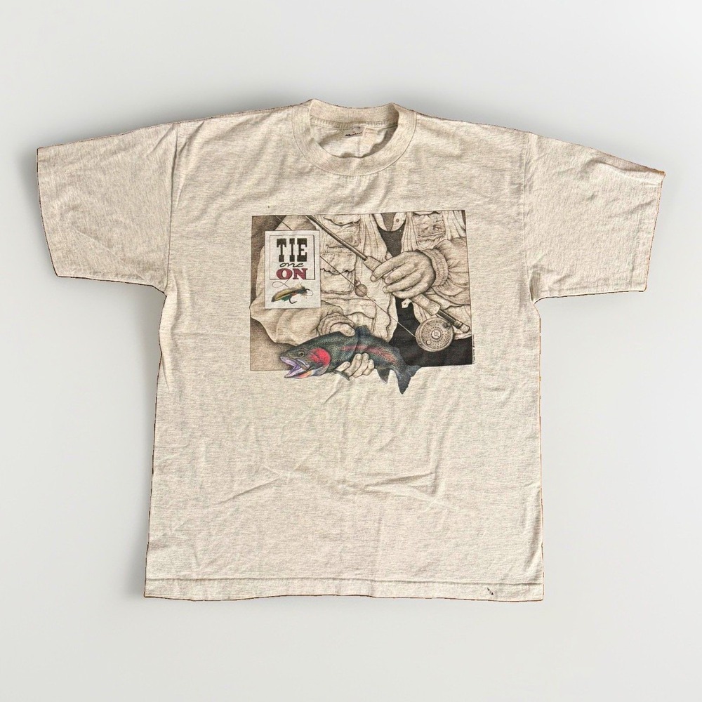 Muring Men's Fishing Graphic Print Gray Cotton Knit T-Shirt Size XL
